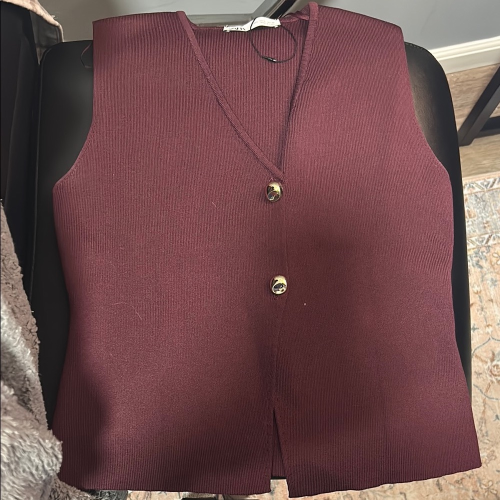 Burgundy Sleeveless Vest with Gold Buttons